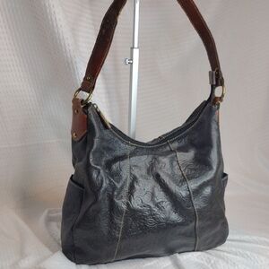 Fossil 75082 Black Leather Floral Embossed Hobo Shoulder Bag